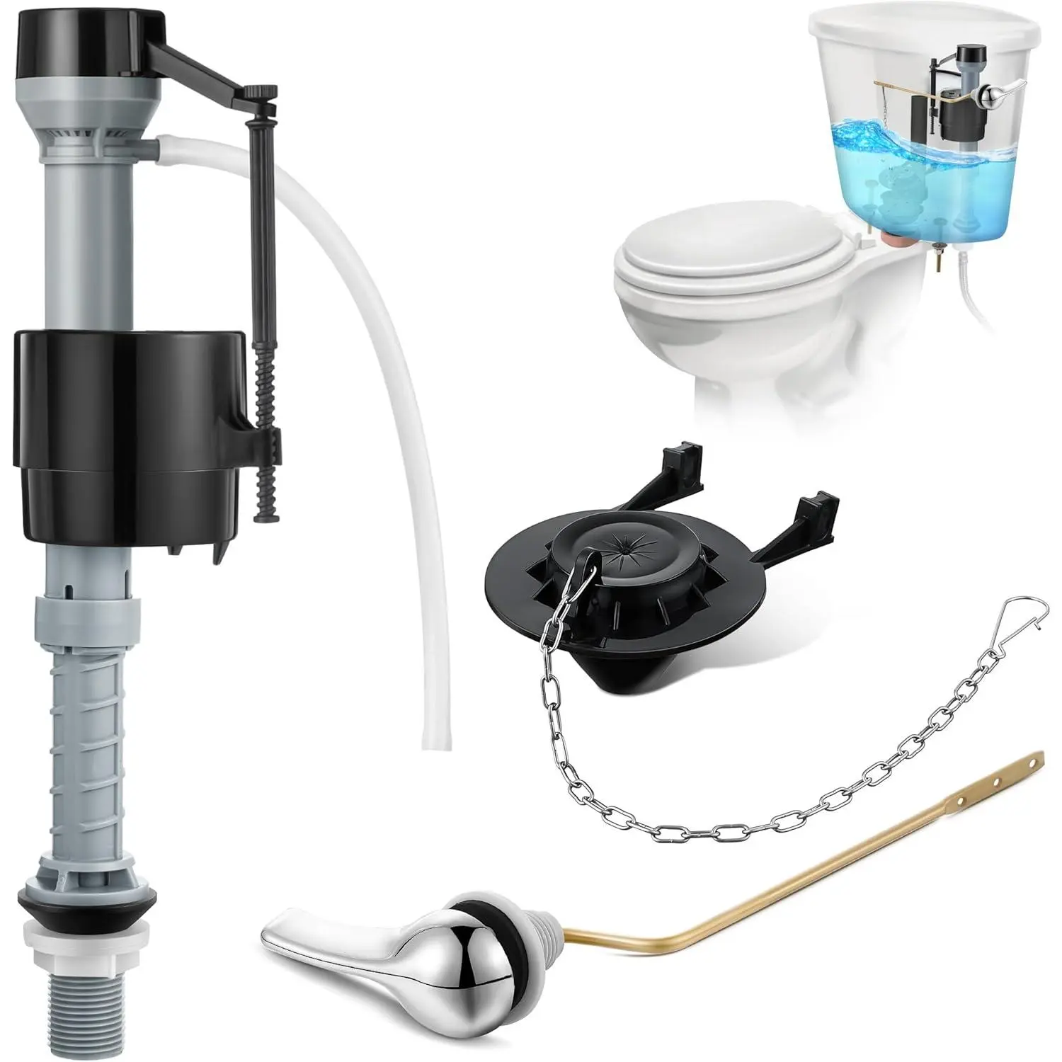 Universal Toilet Tank Replacement Kit, Include Toilet Fill Valve, 2 Inch Low Flow Toilet Rubber Flapper, Side Mount Toilet Flush Brass Handle(Dark Grey, Black,1 Set)