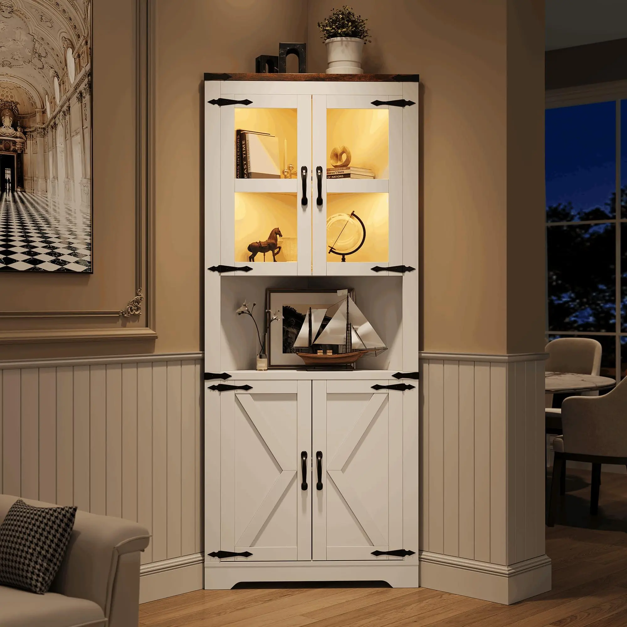 67 in Tall Corner Storage Cabinet with Lights, Farmhouse Corner Hutch Display Cabinet with Glass Doors, Wooden Storage Organizer for Kitchen, Living Room, Bathroom, White