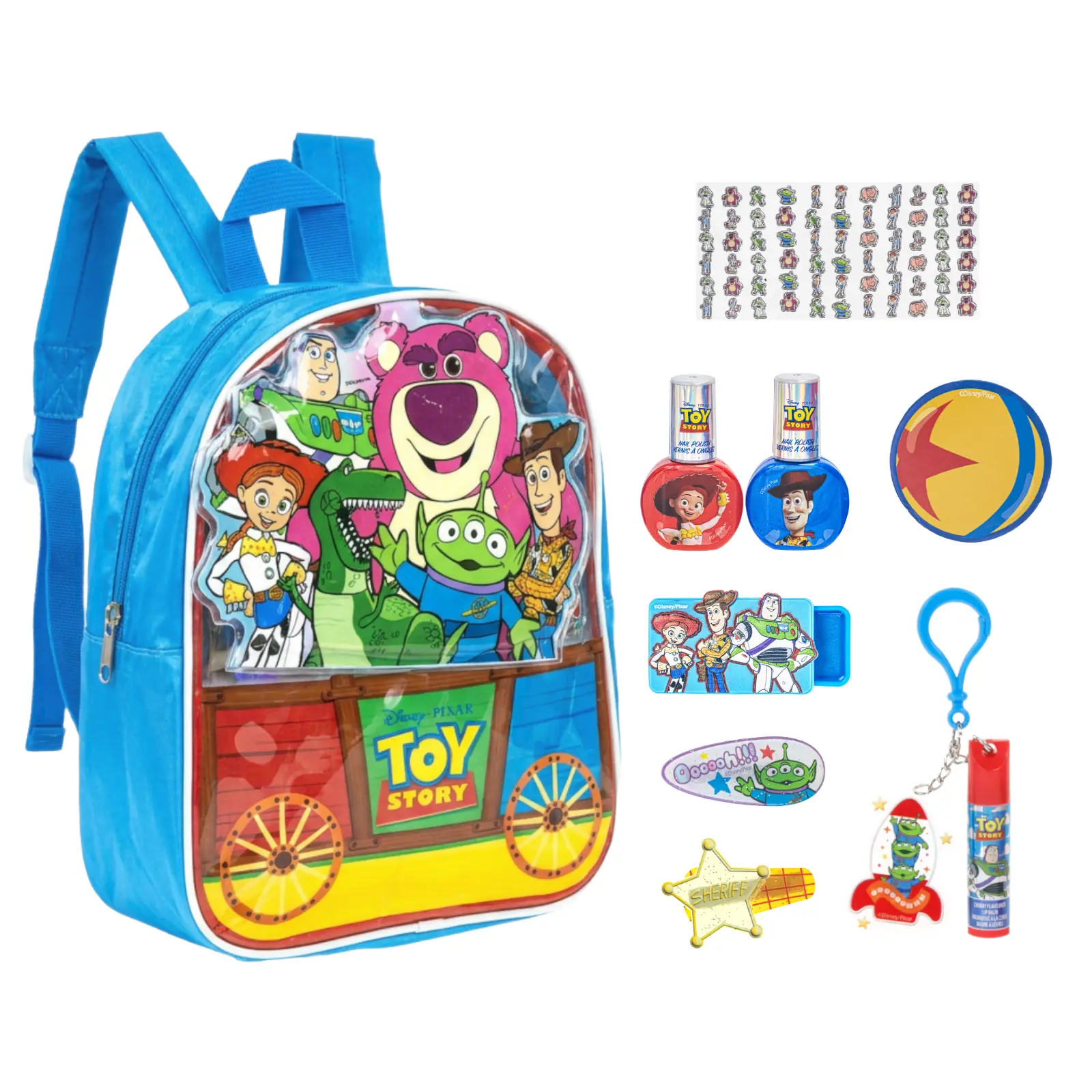 Toy Story Bag Gift Makeup Set Includes 2 Nail Polishes, 1 Lip Gloss, 1 Lip Balm with Keychain, 2 Hair Pins,1 Bag, Perfect for Kids Girls Birthday Gift by Townley Girl Cosmetic, Party Favor, Adventure, Children, No Stress, Compact, Miniature Set, Easily Wa