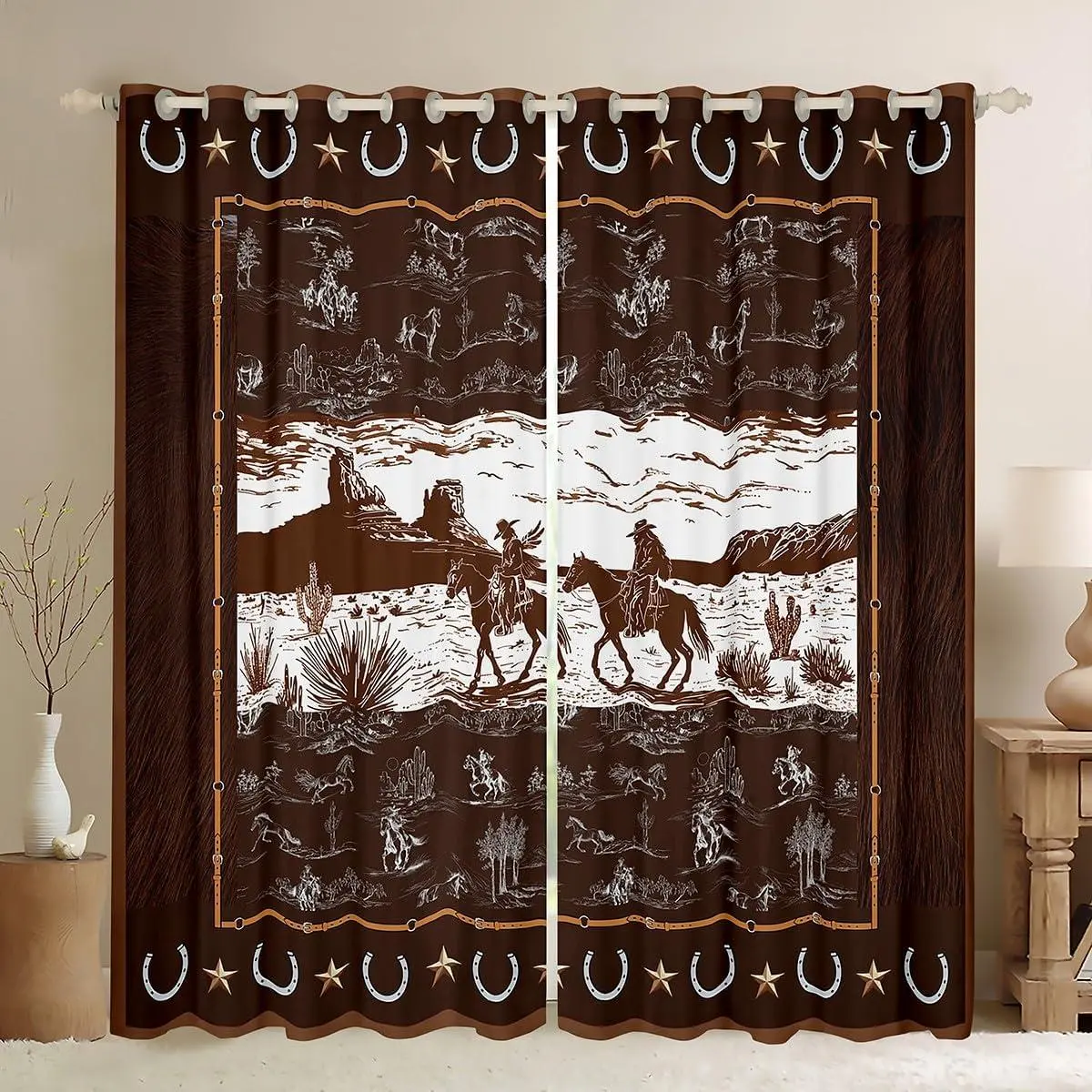 Western Aztec Curtains for Living Room (2 Panels ) Horse Cowboy Darkening Drapes Rustic Western Decor Country Wild West Down Blackout Curtains Deep Green Window Treatments