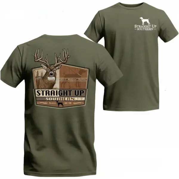 Majestic Trophy Buck Hunting Shirt | Authentic Straight Up Southern Lifestyle Apparel | Vintage Shield Graphic Design Comfortable Summer Streetwear Tee for Outdoor Lovers and Hunters