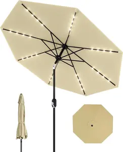 GAOMON 9 ft Patio Umbrella with Solar Lights, Outdoor Table Umbrella with 32 LED Lights & Tilt Crank, 8 Ribs Market Umbrella for Pool, Deck, Backyard, Beige