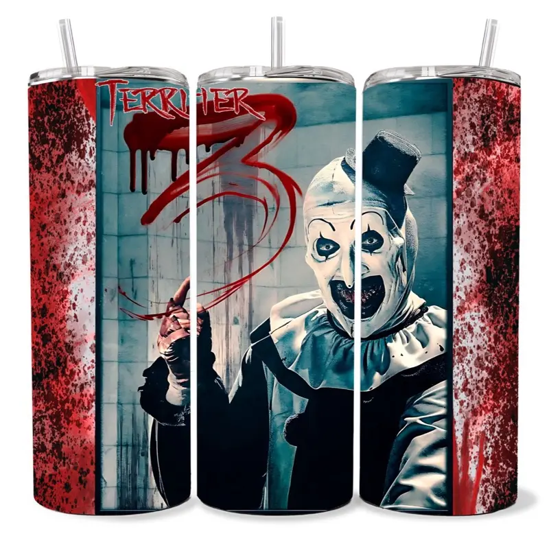Terrifier 20 oz Tumbler - BPA Free, Stainless Steel, Leak Proof, Clear Lid, Includes Straw