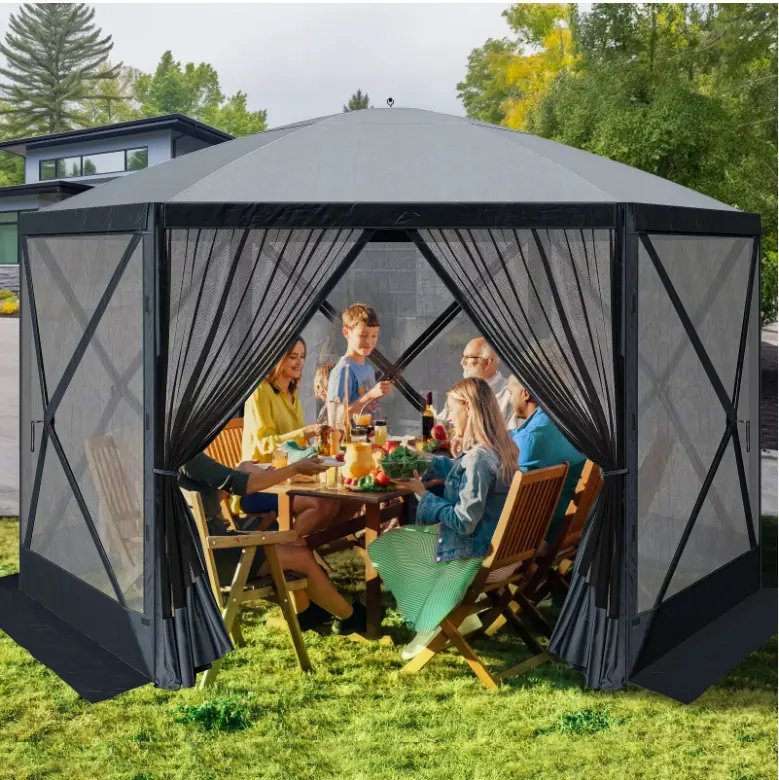 Yitahome Pop-up Camping Gazebo 12 x12ft Camping Canopy Shelter 6 Sided Sun Shade Portable, Grey & Brown
