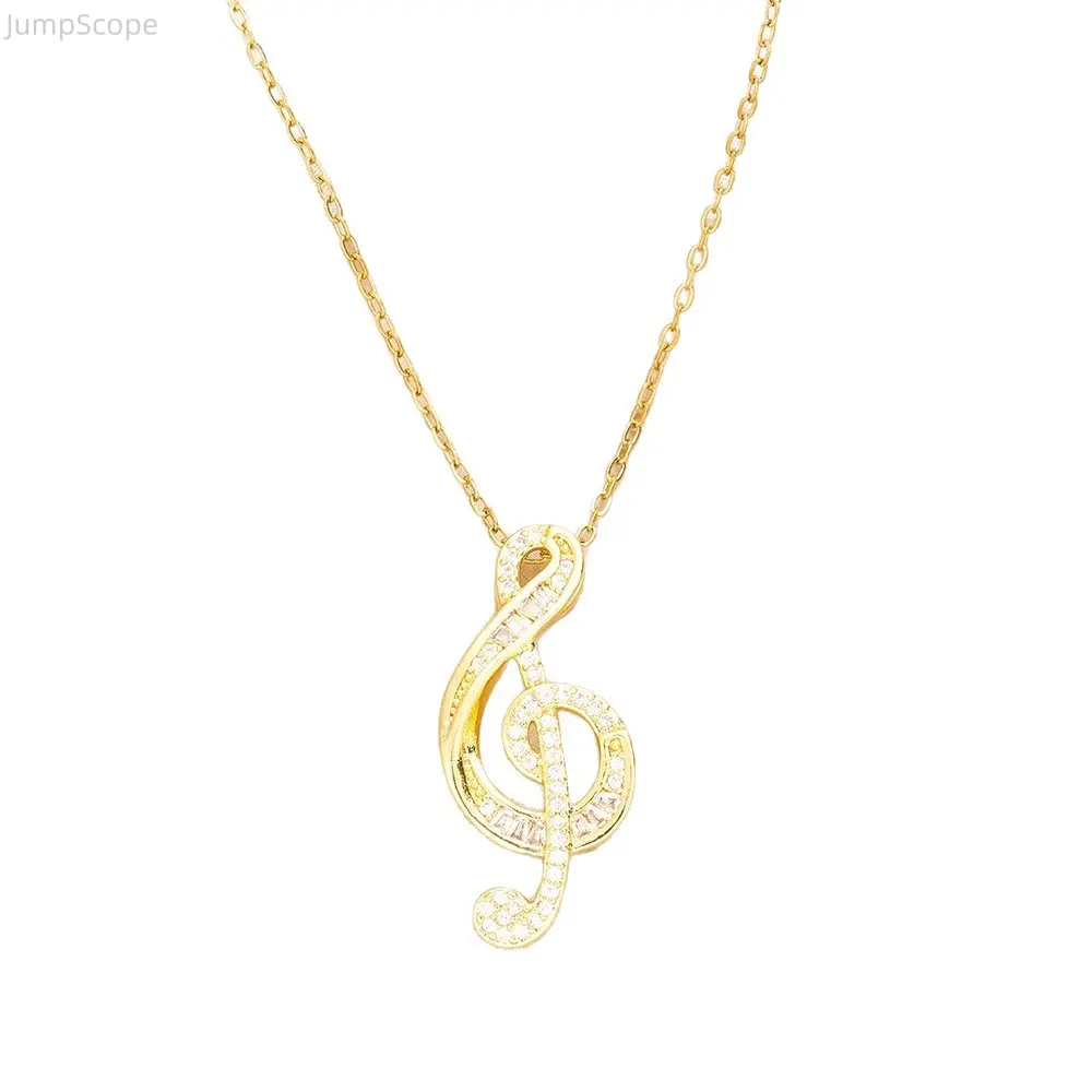 Music Note CZ Pendant Necklace, Dainty Treble Clef Zircon Choker, 14K Gold Plated Sterling Silver Plated Chain for Women Music Lovers