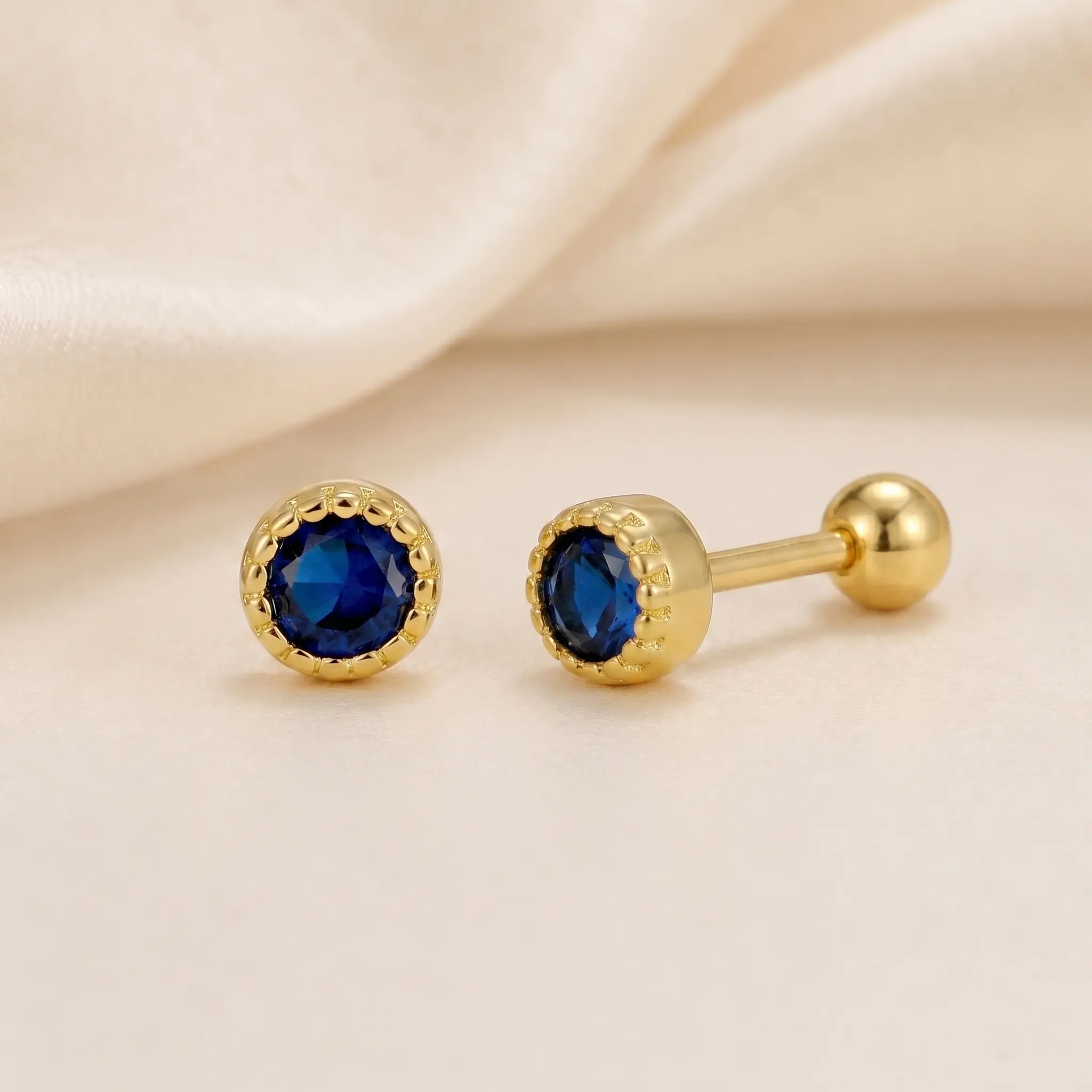 Women's Blue CZ Gold Stud Earrings - Round Sapphire Blue Artificial Gemstone Cartilage Jewelry, Screw Ball Back for Helix Tragus Conch Piercings, Tiny Minimalist Everyday Piece, Single/Pair, Birthday Gift