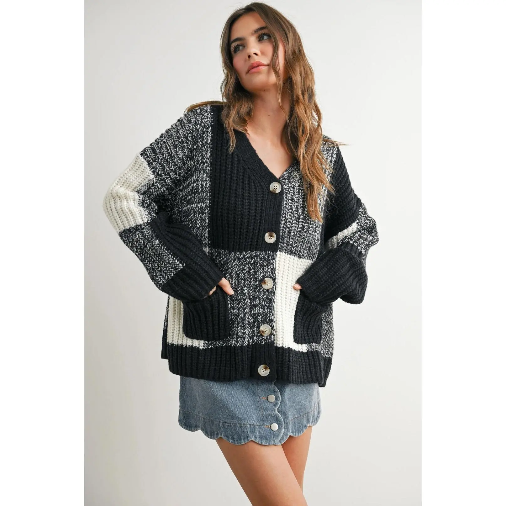 Oversized Checkered Drop Shoulder Cardigan