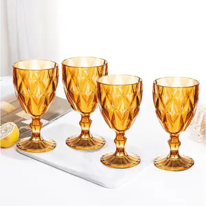 Glasses Set of 4, Plastic  12 Ounce Colored Water Goblets,  Embossed  Unbreakable Stemmed  Glasses, High Clear Wedding Party Bar Drinking Cups