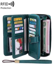 Women's Vintage PU Leather Long Wallet with Wristband, Multi-card Slot Long Clutch Purse with Flower Buckle, Large capacity, RFID Blocking Long Wallet for Daily Use