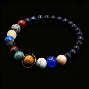 Men's Solar System Bracelet - 8 Planets Charms with Saturn Ring, Black Bead Space Jewelry for Astronomy Lovers men