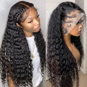 Deep Wave 13x6 Lace Front Wigs Human Hair 180% Density Water Wave Lace Frontal Wigs Brazilian Deep  Wave Glueless Wigs Natural Hairline HD Translucent Kinky Curly Human Hair Wigs for Black Women Natural Color