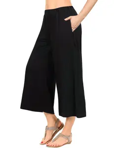 GARVEE Women's Elastic Waist Solid Palazzo Casual Wide Leg Pants with Pockets (XXL, Black)