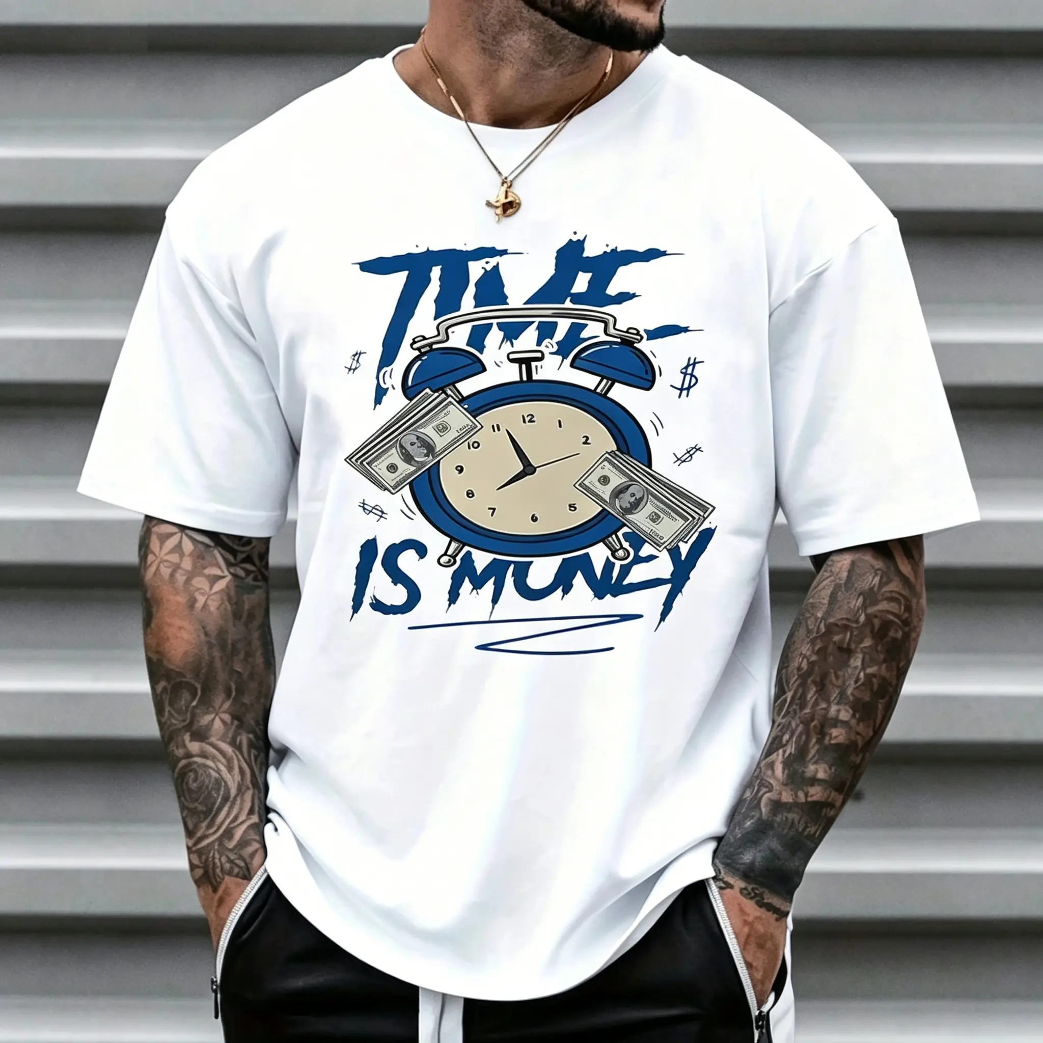 Men's "Time Is Money" Graphic T-Shirt, Blue Clock & Cash Print Casual Tee, Hip Hop Streetwear Top For Men