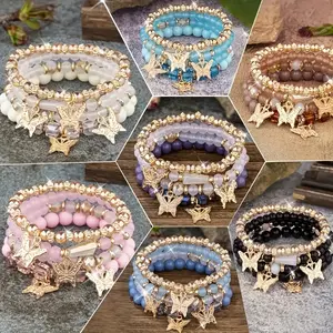 6 Sets (24pcs In Total) Of Multi-layer Glass Bead Layered Bracelet Set, Artificial Butterfly Pendant Jewelry, Multi-layer Elastic Bracelet, DIY Handmade Bead Jewelry Set Bracelet Packs