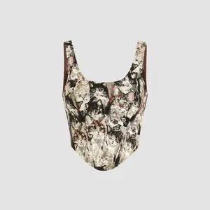 Cider [size 0-10] Jacquard Cat Pattern Corset Cami Crop Top