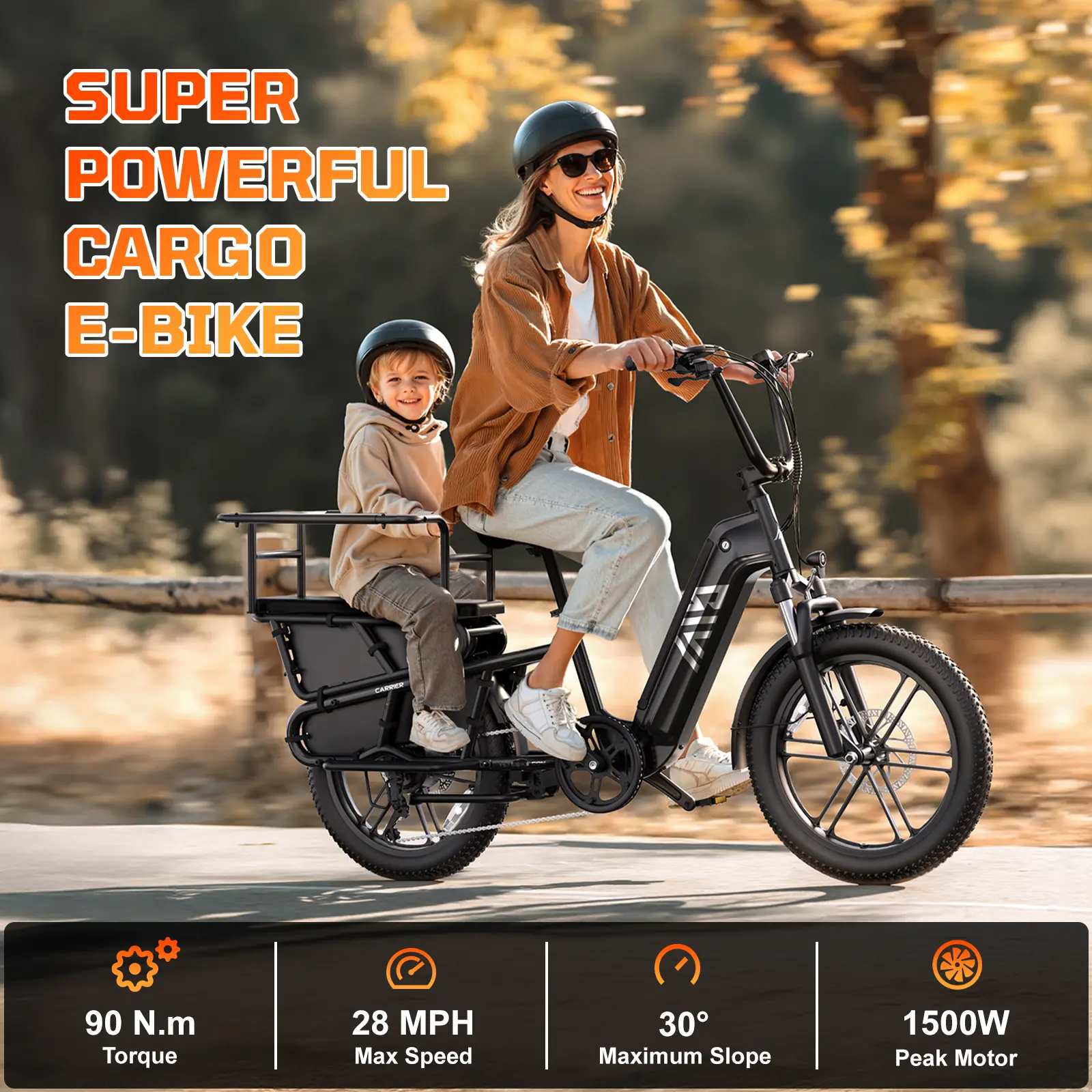 Summervibes【TST Carrier EBike】  Electric Cargo Bike for Adults 1300W/90Nm Tuned Rear Hub Motor Speed 28 mph48V/15AH Battery, Max Travel 60-80 Miles, Equipped with 20 * 3" Fat Tyres, and 7-Speed Ebike Fathersdaygift Carrier Lightweight and safe
