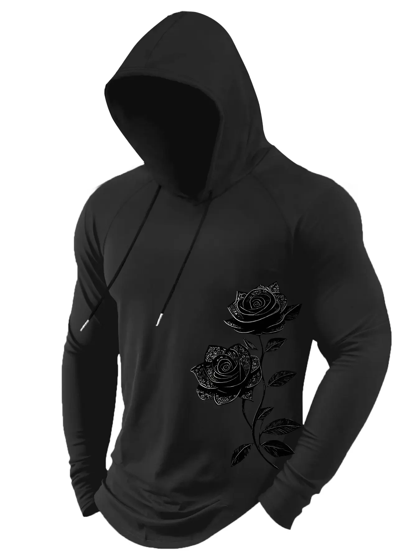 Men's Gothic Black Rose Print Drawstring Hoodie, Casual Long Sleeve Streetwear Top, Dark Floral Sweatshirt for Gym & Daily Wear, Gothic Hoodies