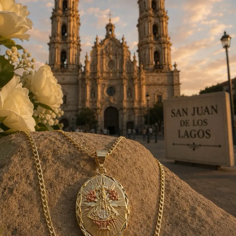 San Juan de Los Lagos Medal Un diseño clásico con un significado especial. Este hermoso set incluye una cadena estilo cubana de 24 pulgadas en oro laminado, acompañada de una elegante medalla de San Juan de los Lagos en acabado tricolor, perfecta