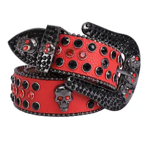 Skull Rhinestone Studded Belt, Punk Style Leather Belt, Y2K Red & Black Rivet Belt