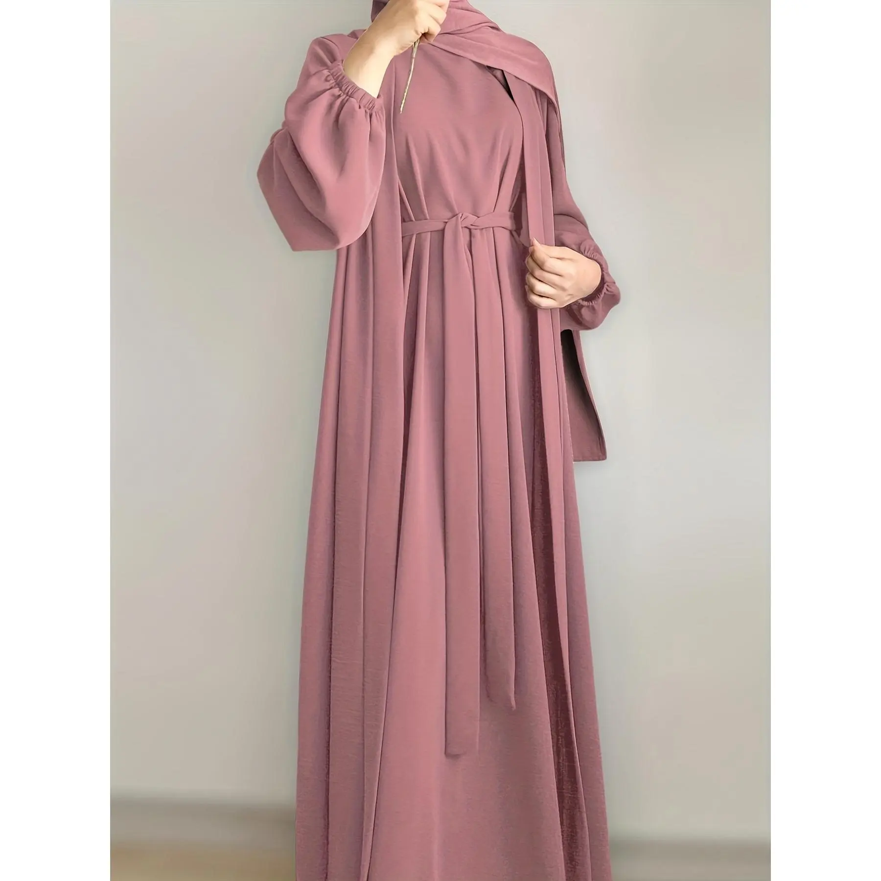 3pcs Traditional Middle Eastern Abaya Dress Set - Long Sleeve, Belted Waist, Solid Color, Non-Stretch Fabric, Spring/Summer/Fall Wear, Includes Cardigan, Dress, and Headscarf, Cultural Attire | Traditional Attire | Belted Waist Dress