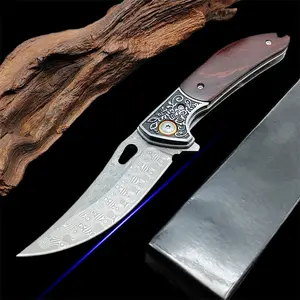 Pocket knife, carved redwood handle, suitable for hunting, camping, fishing, hiking, outdoor activities, and home decoration