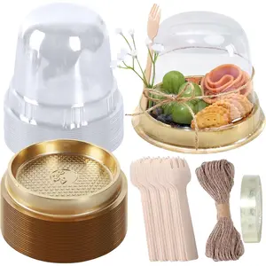 50 Sets Disposable Individual Charcuterie Cup Clear Plastic Round Cake Boxes with Dome Lids Mini Wooden Spork Rope for Outdoor Snack Packing Open Houses Gatherings Wedding Party Event