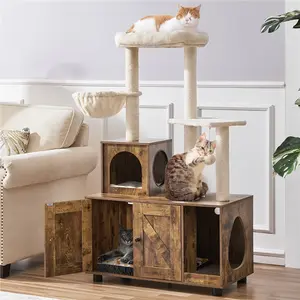 Yaheetech Litter Box Enclosure with Cat Tree, All-in-one Indoor Cat House w/Scratching Posts, Wooden Cat Litter Box Furniture w/Cat Condo, Platform