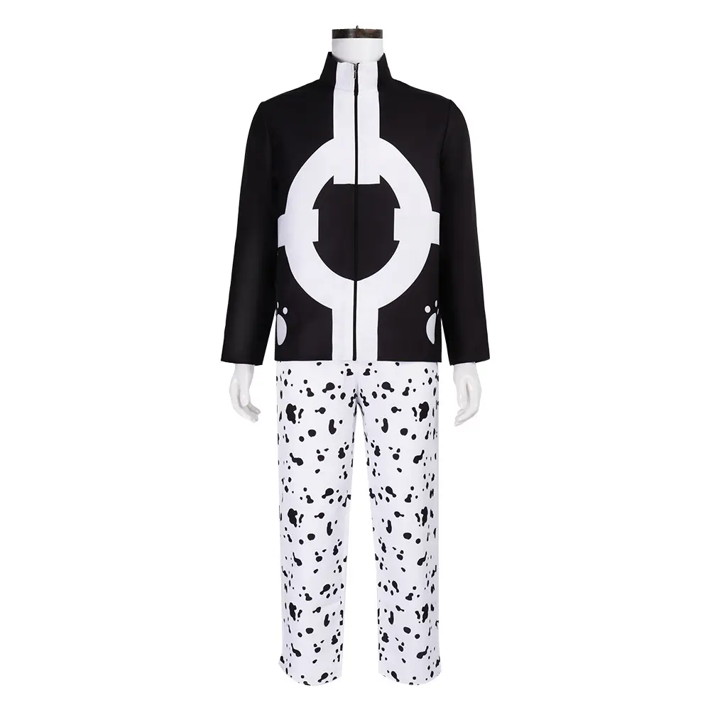 Kuma Black Zip Up Top with White Circle and Paw Print Pants Hat for Men Cosplay Costume