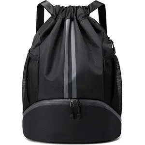 Sports Drawstring Backpack - Water Resistant String Bag with Side Mesh Pockets Shoe Compartment Gym Backpack for Women & Men Black