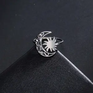 Women's Non Tarnish Crescent Moon Sun Open Finger Ring - Silver Stainless Steel Jewelry, Ideal Daily Gift, Non Tarnish Jewelry