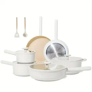 【Clearance Sale】Jeetee Ceramic Cookware Sets 15/17 Pcs, Pot and Pan Set Non-Stick, Beige Ceramic Coated Cookware Set, Oil Polymerization Design, Healthy Non-Toxic Cooking Set, Rv Camping Stackable Pan, Removable Handle, Oven-Safe, PTFE/PFOA Free