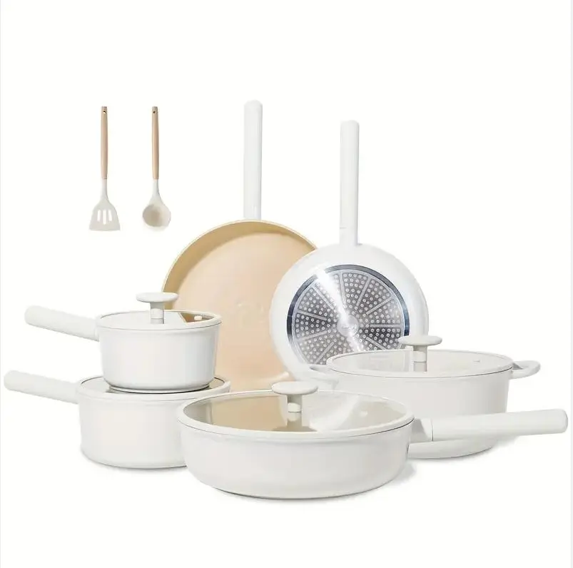 【Clearance Sale】Jeetee Ceramic Cookware Sets 15/17 Pcs, Pot and Pan Set Non-Stick, Beige Ceramic Coated Cookware Set, Oil Polymerization Design, Healthy Non-Toxic Cooking Set, Rv Camping Stackable Pan, Removable Handle, Oven-Safe, PTFE/PFOA Free