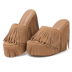 Women's Wedge Fringe Platform Sandals Dressy Wedge Heels Summer Boho Shoes Slip on Open Toe Slides Tassels Beach Slippers chic fringe Beach Sandals Open Toe Footwear Flatform Girl summerwins,summerwins