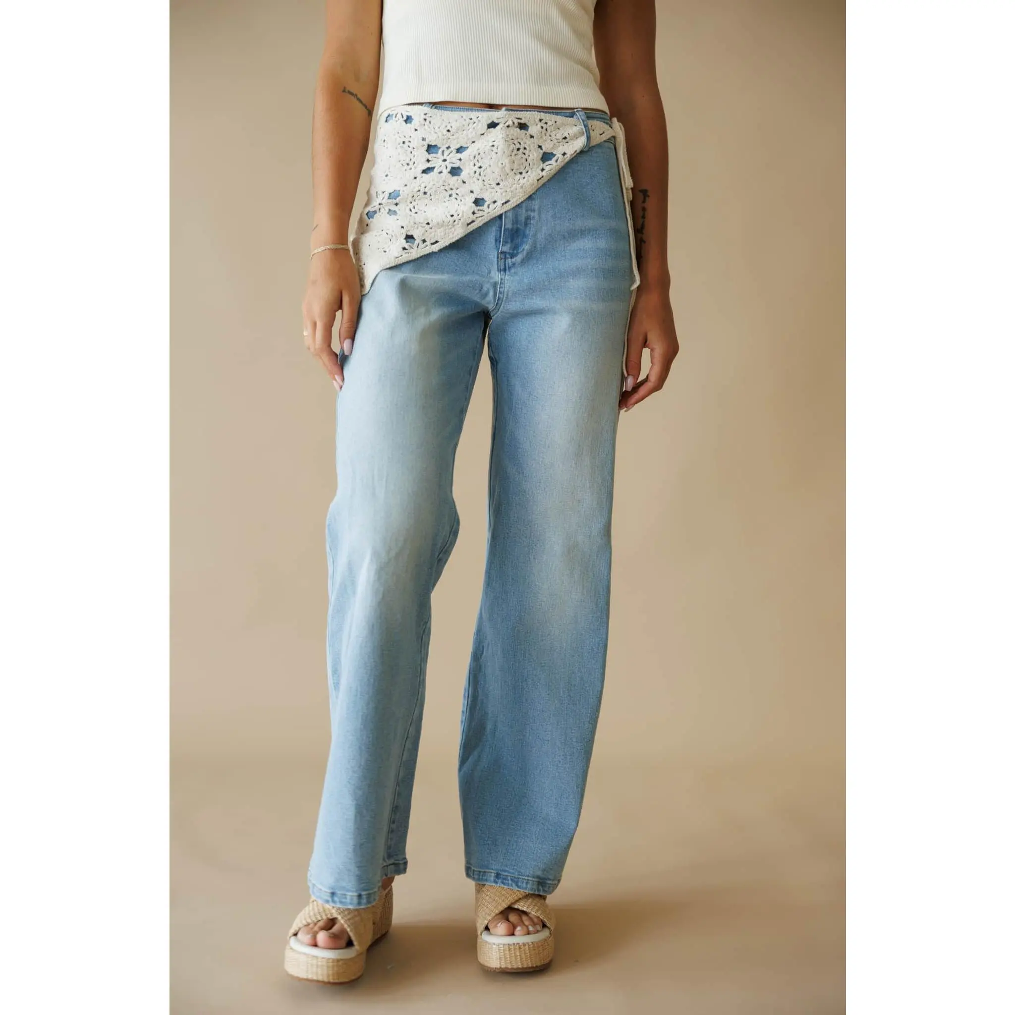 Women's Cotton Straight Cut Decorated Jeans - Casual Wear with Unique Details and Crochet Accent Scarf, Crochet Scarf Accent