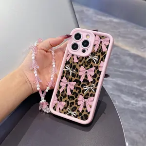 Two Piece Set: Butterfly Phone Lanyard Necklace with Bow and Leopard Tpu Case for iPhone 6/7/8/x/XS/XR/11/12/13/14/15/16, Perfect Gift for Couples and Teens