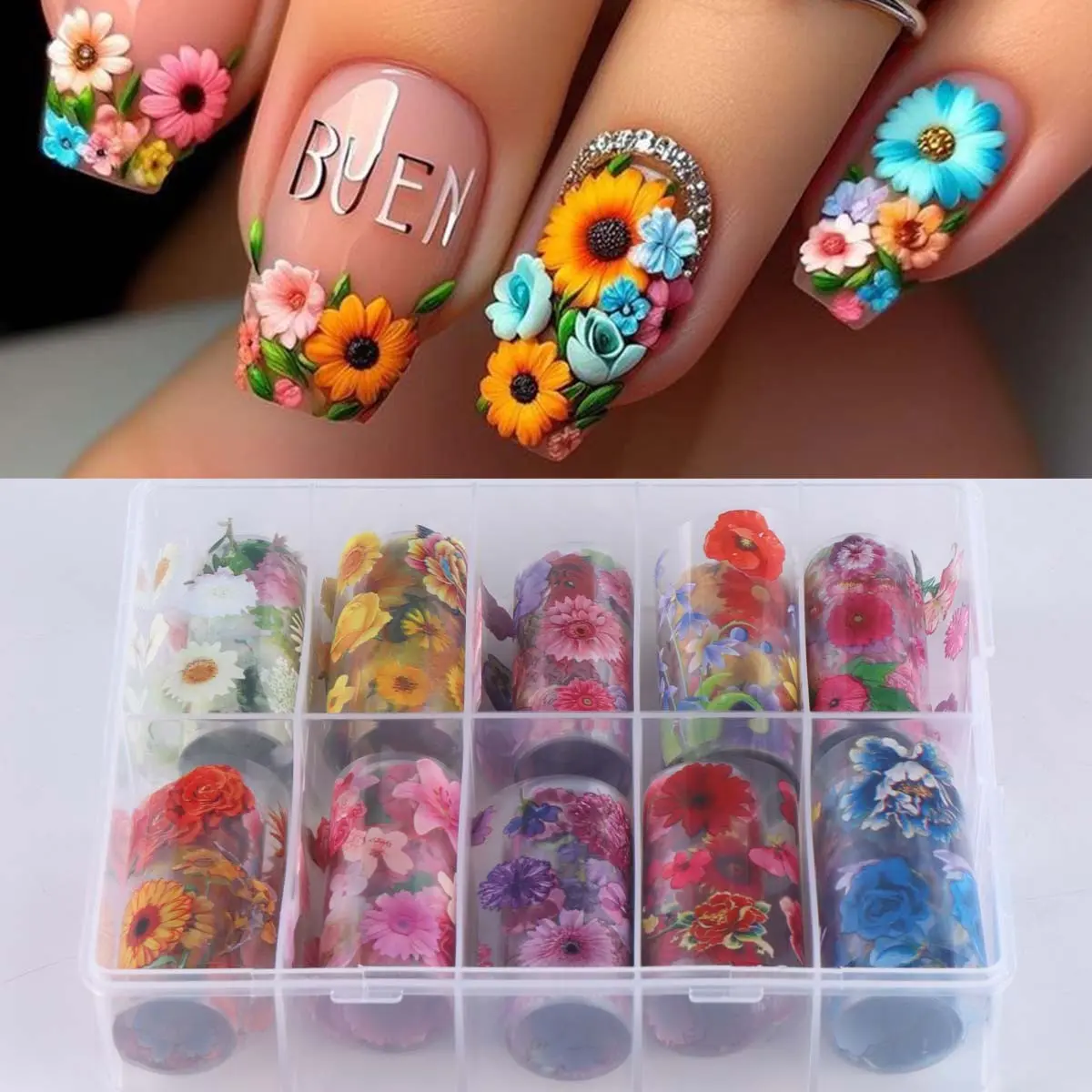 Boxed Floral Nail Art Transfer Foil Paper, Vibrant Rose Sunflower Daisy Design, DIY Manicure Decoration Nail Art Supplies, Diy Nails Art for Women & Girls, Nail Art Products