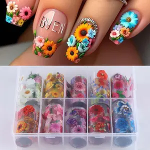 Boxed Floral Nail Art Transfer Foil Paper, Vibrant Rose Sunflower Daisy Design, DIY Manicure Decoration Nail Art Supplies for Women & Girls