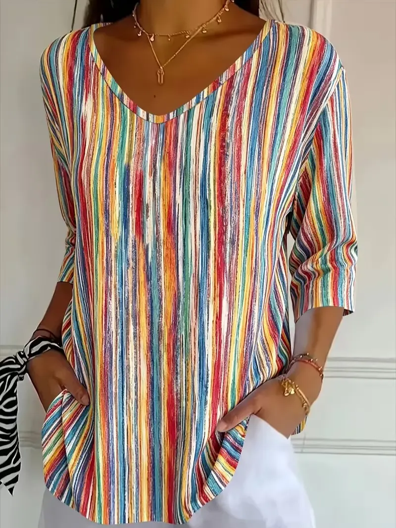 Women's Western-style casual fashion V-neck T-shirt featuring an all-over stripe print and three-quarter sleeves—new seasonal arrival with a regular fit.