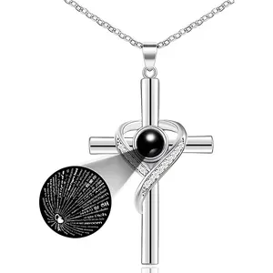 Cross Necklace with I Love You 100 Languages Projection for Women Men Christian Gifts