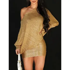 Sequin Detail Stretchy Polyester Blend Knee Length Asymmetrical Neck Longsleeves Dress for Spring Summer Fashion and New Year's Eve Outfits Women'swear Casual Fit and Flare Midi Dress - Womenswear, Fabric Womenswear flowy dresses graduation dress