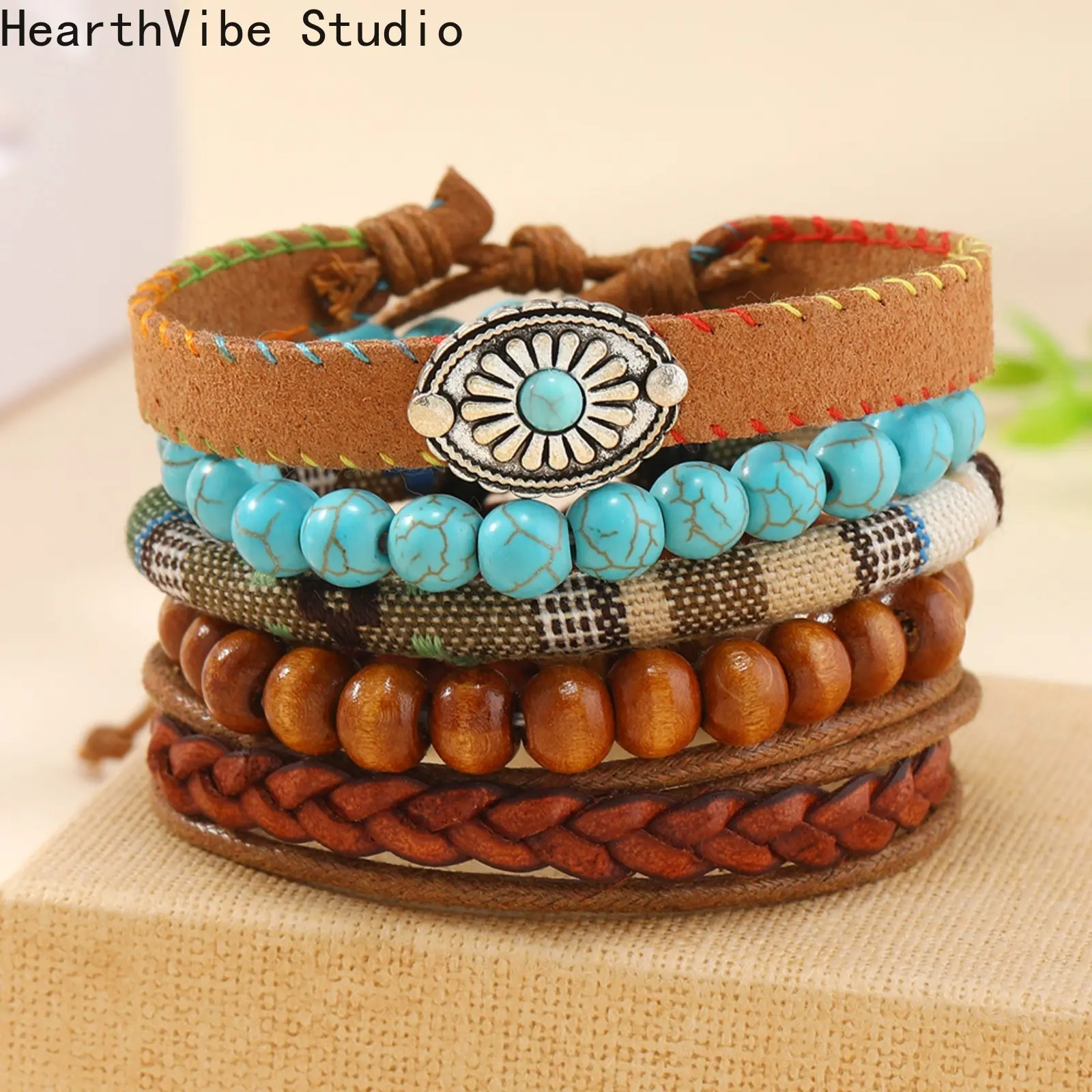 5pcs Unisex Boho Style Beaded Leather Braided Bracelets - Handmade Hippie Design Brown Leather, Turquoise Hippie Charm, Wood Button Beads, Adjustable Wrap, Stackable Fashion Sports Wristbands for Outdoor Activities, Leather Braided Bracelet