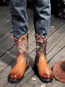 Men's Fashion Patchwork Print Slip on Boots, Casual Comfortable Mid-calf Boots for Daily Wear, Male All-match Trendy Shoes for Fall & Winter