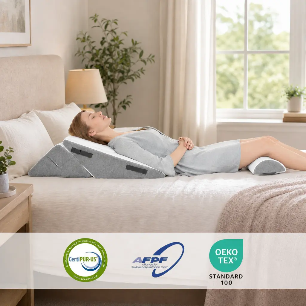 Sasttie Wedge Pillow Set for After Surgery, 2PCS Adjustable Bed Wedge Pillow Headboard with Memory Foam Neck Cushion – for Acid Reflux, Sleeping, Neck & Back Support, Dark Grey & White