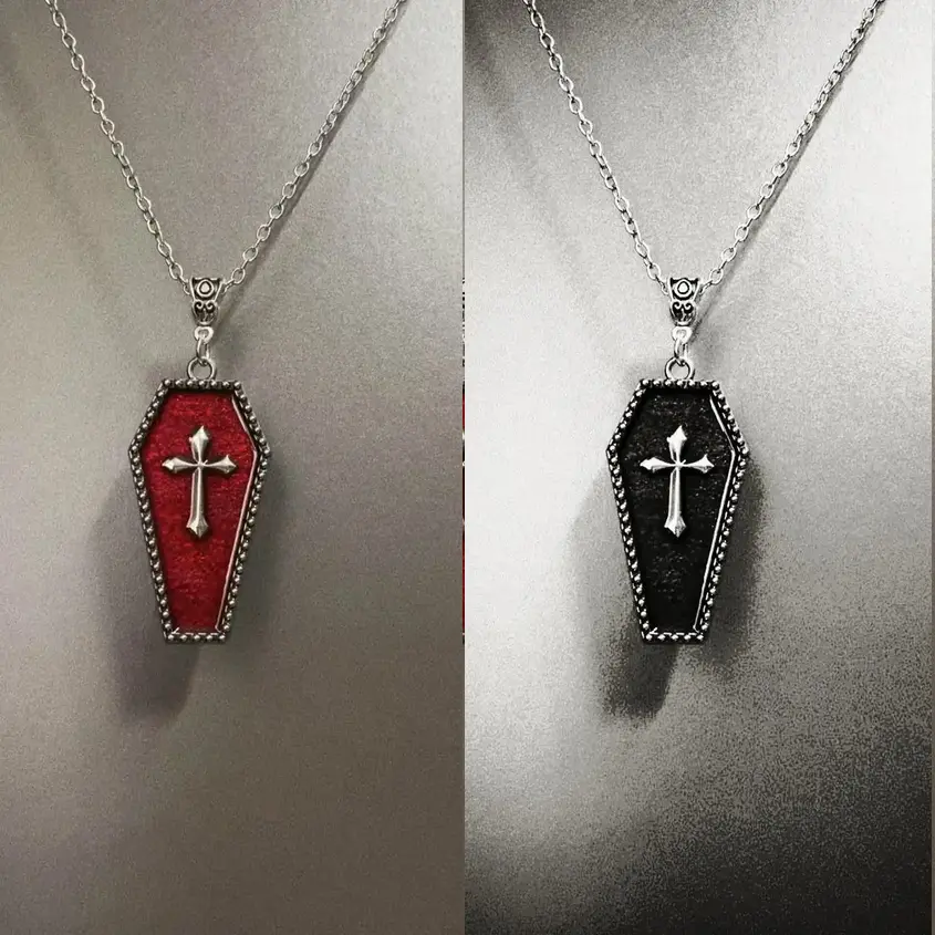 Creative Glossy Design Cross Coffin Retro Pendant Necklace (Red, Black)