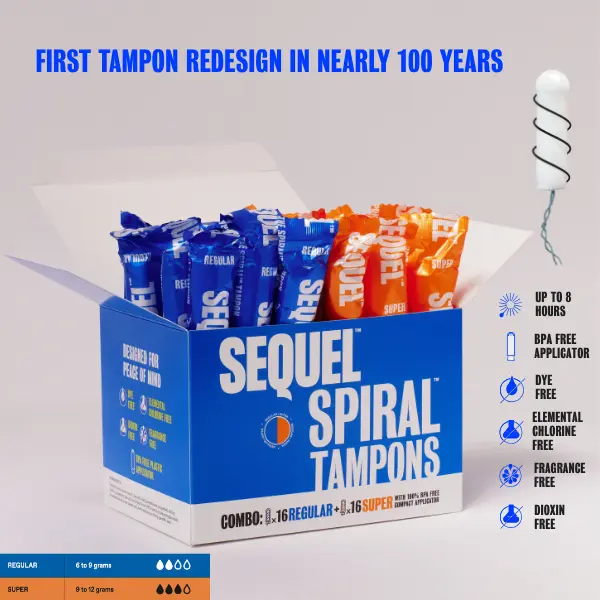Sequel Spiral Tampons, Combo, Non-Toxic Plant Based - 32 Pack