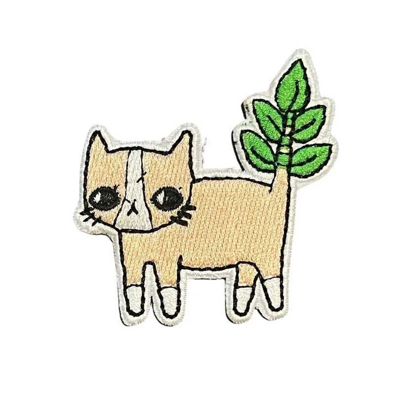 Cute Peach Color CAT Kitten with Green Plant Tail Patch Funny Meme, Iron On Patch 5 cm X 5 cm