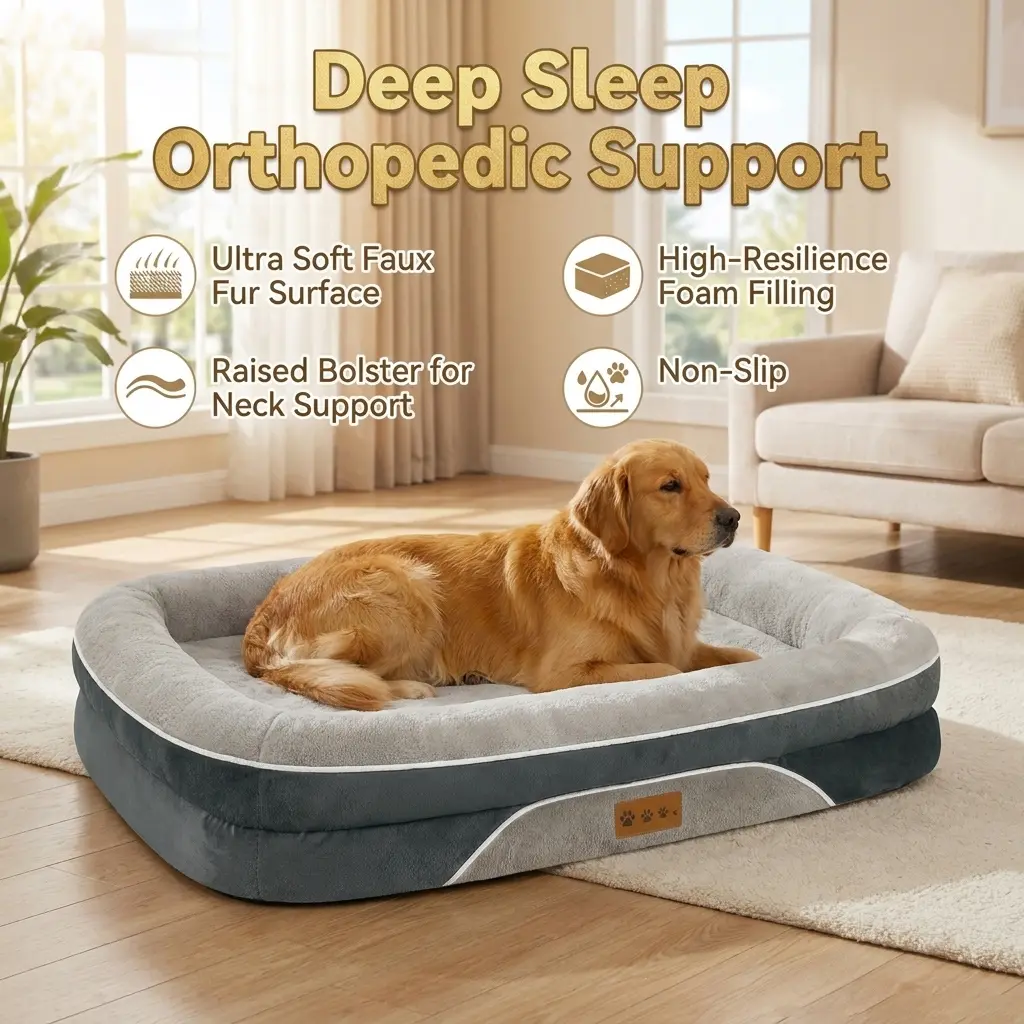 Washable Orthopedic Large Dog Bed - Dog Beds Large Sized Dogs with Removable Cover Waterproof Pet Bed with Bolster for Extra Large Pe
