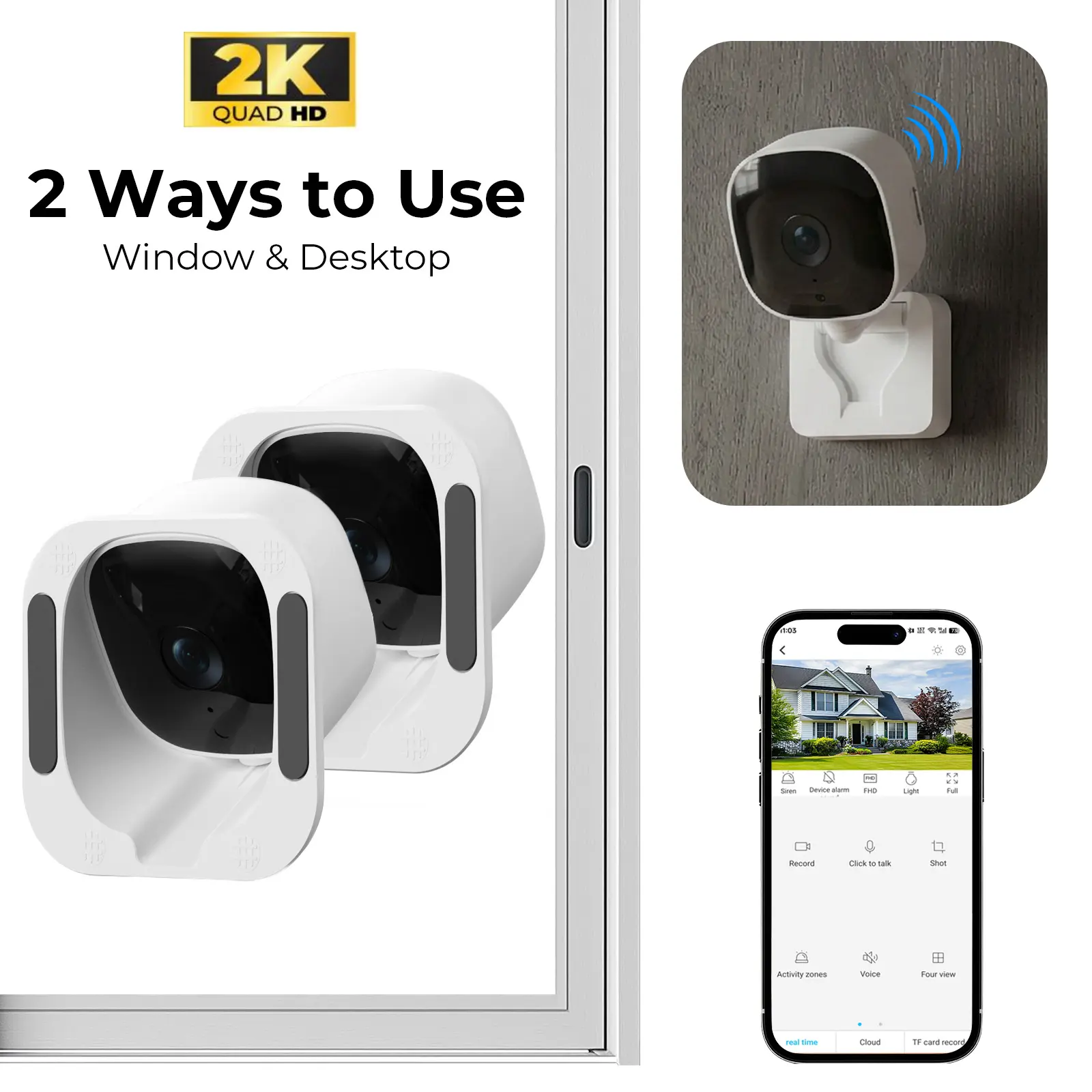 [Ultra HD 2K] 2 in 1 Smart AI Indoor Cameras, Window Camera, 24/7 Security, 2.4G Wifi, WiFi Indoor Cameras for Home Security with ChroMax Al Color Night Vision Person & Motion Detection, Easy&Quick Install, wall and window dual use