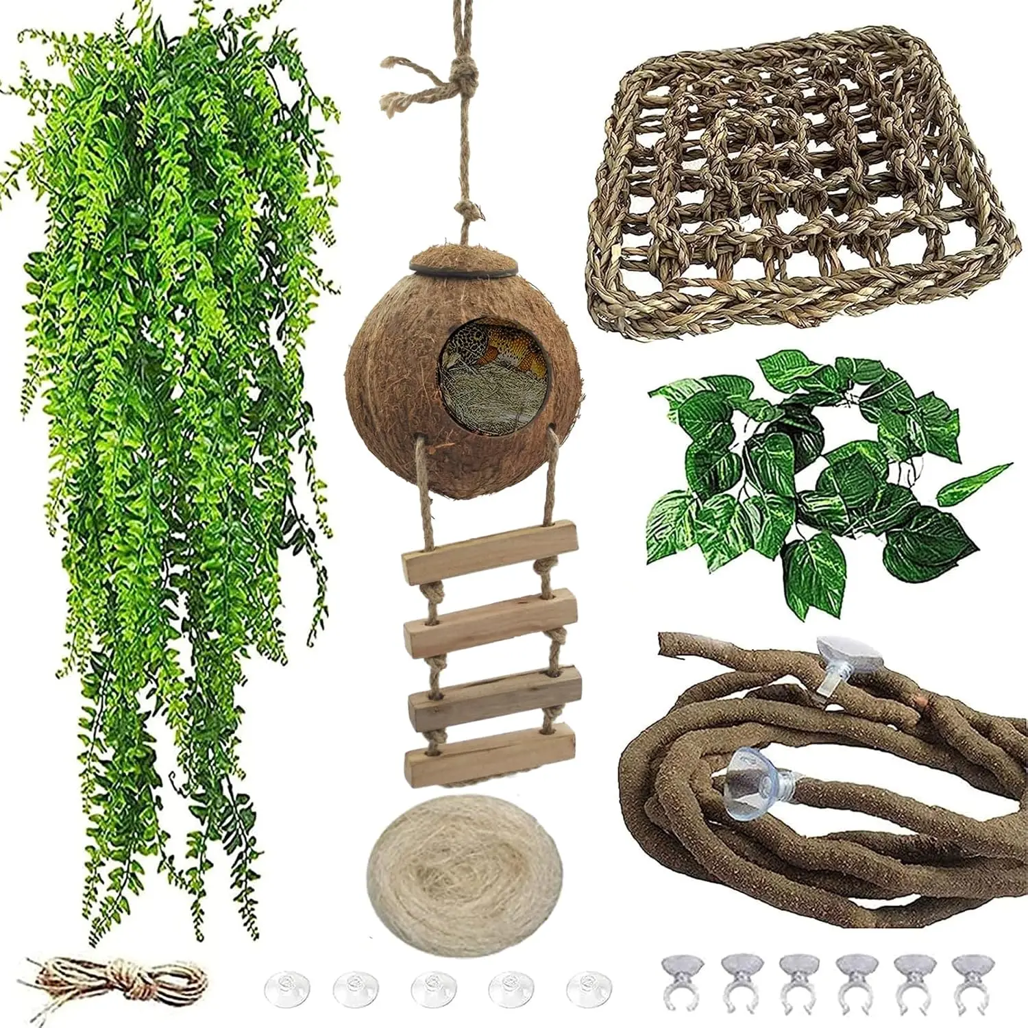 6 count Crested Gecko Coconut Hut, Lizard Coco Den with Ladder and Reptile Hammock Bearded Dragon Tank Accessories Climbing   Jungle Vine Flexible Reptile Leaves Decor