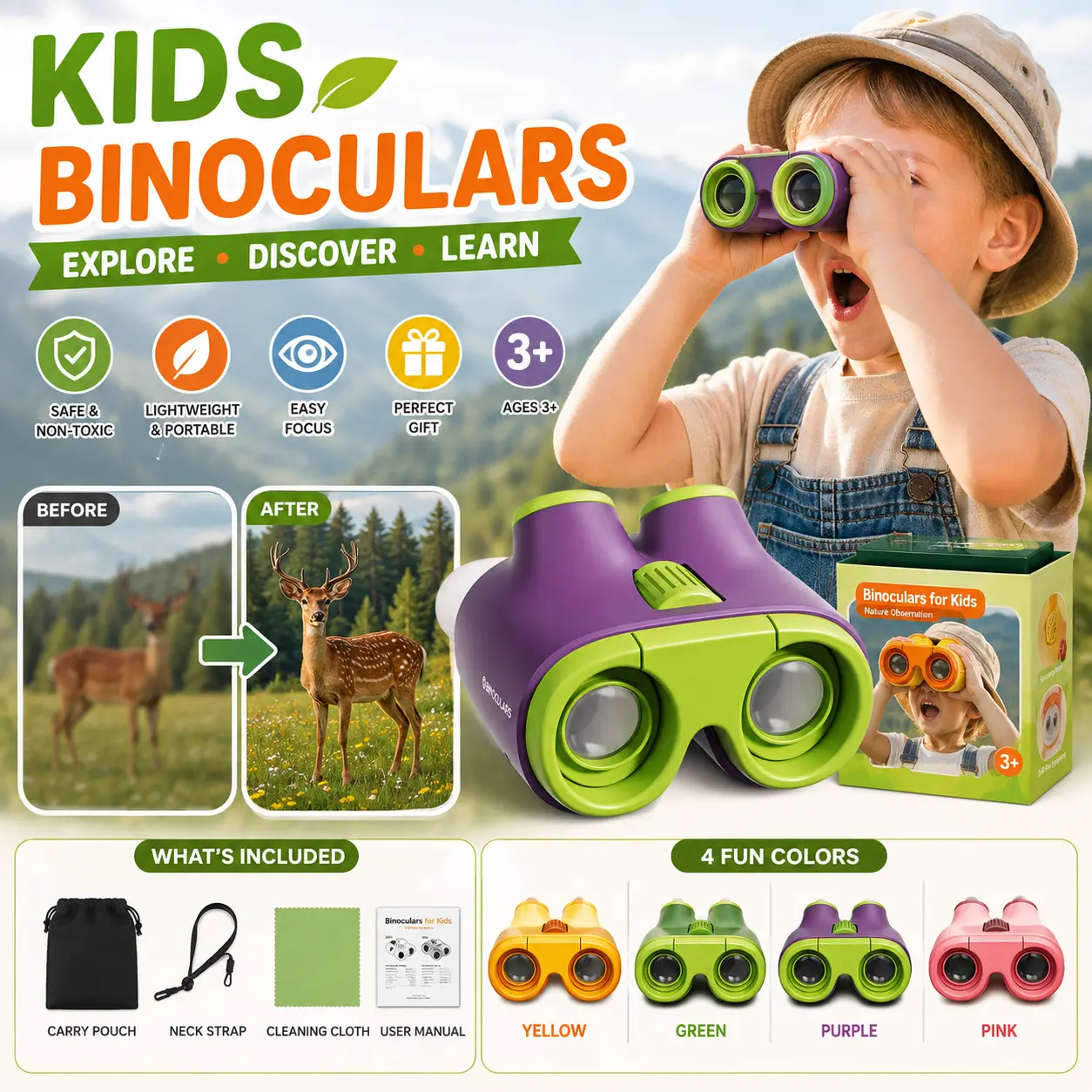 Kids Binoculars for Kids Ages 3-12, Outdoor Binoculars Toy, STEM Educational Learning Toy, Bird Watching, Nature Explorer, Camping Hiking Safari Adventure, Lightweight Easy Focus, Birthday Christmas Gift for Boys Girls Microscope with Camera and Screen